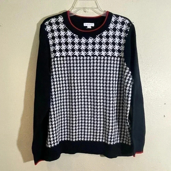 Charter Club Women XLP PETITE Black White Houndstooth Red Trim Sweater NEW - Picture 1 of 7